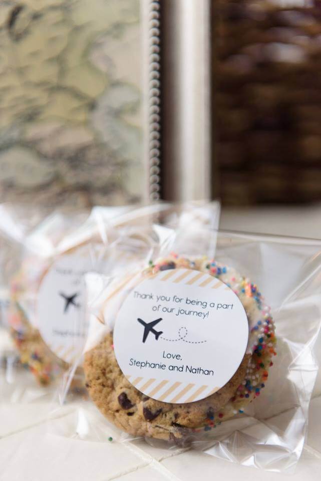 homemade chocolate chip cookies and a carton of milk make a great wedding favor for guest to enjoy on the way home