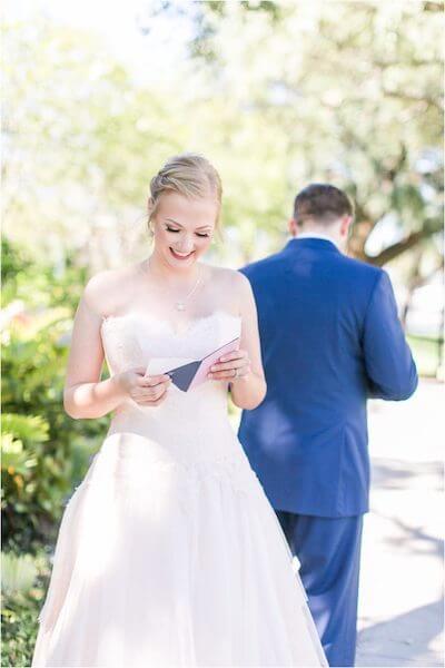 Special Moments Event Planning – Tampa Wedding Planner – Davis Island Garden Club – Davis Island Garden Club Wedding -bride reading note from groom