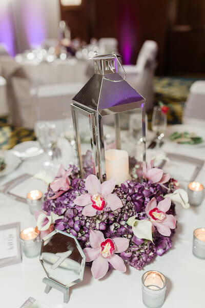 Opal Sands Wedding – Clearwater Beach Wedding – purple and white wedding- chrome lantern wedding centerpiece