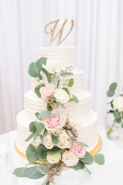 Innisbrook Resort wedding – Palm Harbor wedding – white wedding cake with roes - monogrammed cake topper