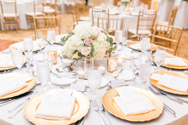 Innisbrook Resort wedding – Palm Harbor wedding – gold charger plates - pink and white centerpiees