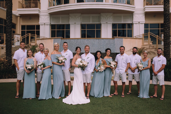 Special Moments Event Planning – Clearwater Beach Wedding – Clearwater Beach Wedding Planner- Clearwater Beach Destination Wedding- bride - groom - bride and groom - bride and groom with wedding party - groomsmen is shorts - sea foam bridesmaids dresses