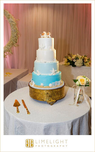 ombre wedding cake - beach themed wedding cake - gold cake stand - ocean blue wedding cake - wedding cake with sand dollars and sea shells