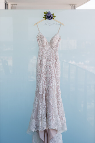 Clearwater Beach Wedding – Opal Sands Wedding – Special Moments Event Planning - modern lace wedding gown - wedding gown with rhinestone spaghetti straps