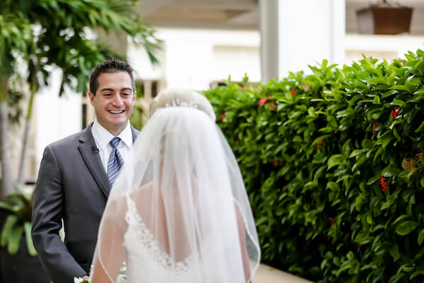 Sandpearl Resort – Sandpearl Wedding – Clearwater Beach Wedding – Greek wedding – Clearwater Beach wedding planner – Special Moments Event Planning - bride and groom - first look