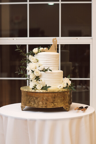 Bradenton wedding – Palma Sola Botanical Park wedding - Special Moments Event Planning - wedding cake - wedding cake on gold stand - white wedding cake on gold stand - wedding cake with custom cake topper