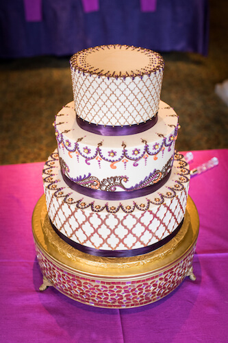 wedding cake - gold and purple wedding cake - wedding cake with intricate piping