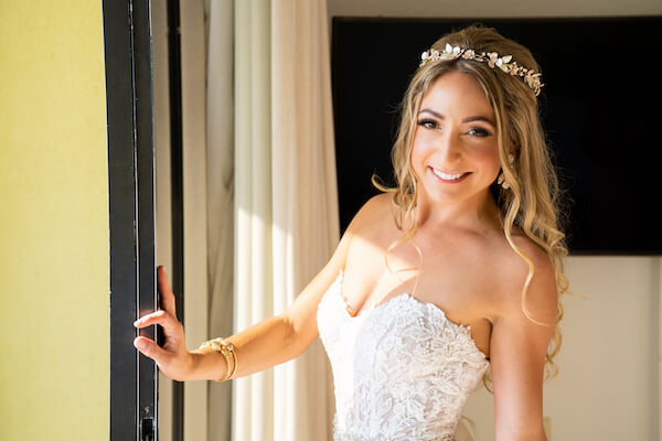 Saint Pete Beach wedding - lace wedding gown - happy bride - bride with hair down - bride with rhinestone headpiece