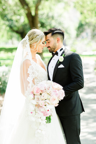 bride and groom standing head to head in wedding portrait