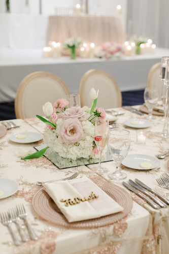 wedding reception table with custom menu cards, rose gold charger plates and gold name plaques