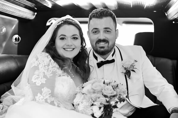 bride and groom inside a limousine heading to Tampa Garden Club