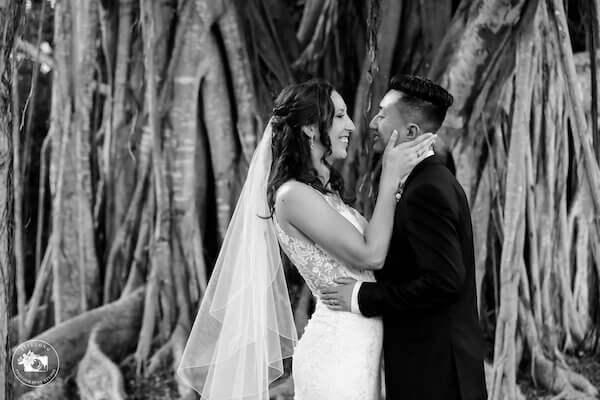 black and white photo of newlyweds in Sarasota