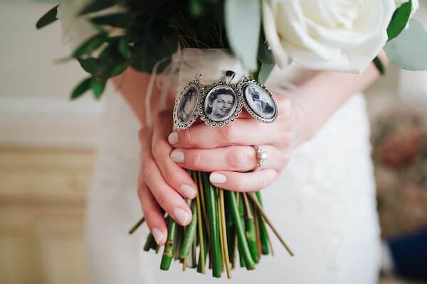 bridal bouquet with three memorial lockets 