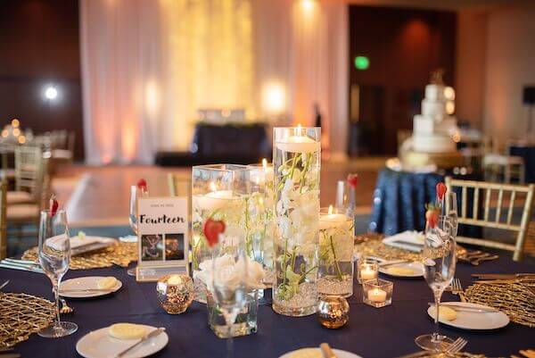 blue and gold wedding reception decor 