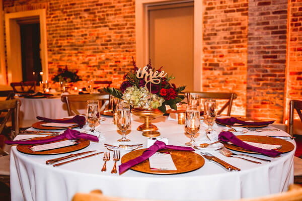 burgundy and gold wedding reception at Red Mesa in Downtown St Pete