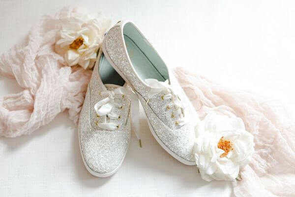 sparkling flat bridal shoes for her wedding aboard the Yacht Starship in Tampa