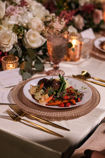 filet mignon and shirt scampi at an intimate Tampa Bay at home wedding reception