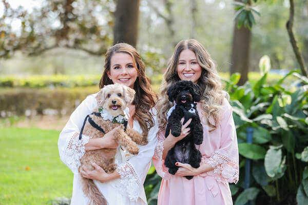 bride and her sister holding the family's dogs