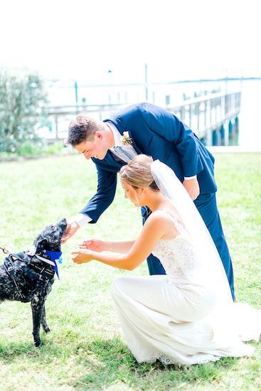 bride and groom with their dog at their Tampa Bay Watch wedding