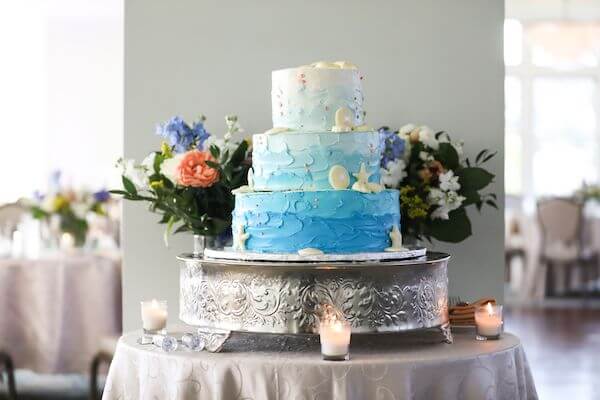 blue ombre beach themed wedding cake