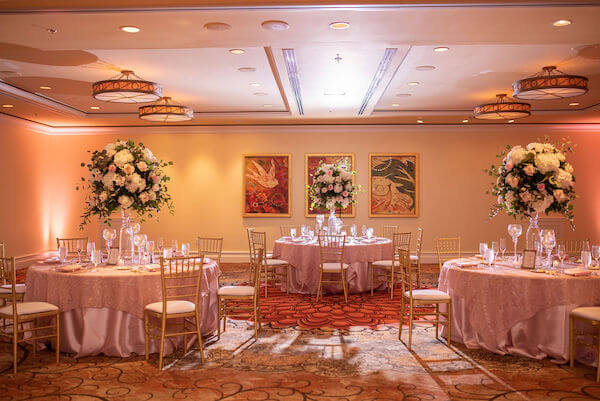 pink and white boho chic wedding reception on clearwater beach