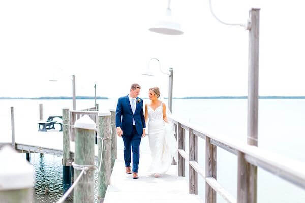 Bride and groom on the dock at Tampa Bay Watch in Tierra Verde