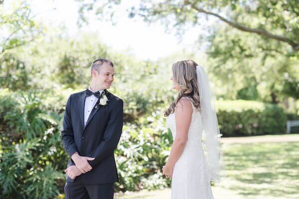 groom turning around for his first look at his bride