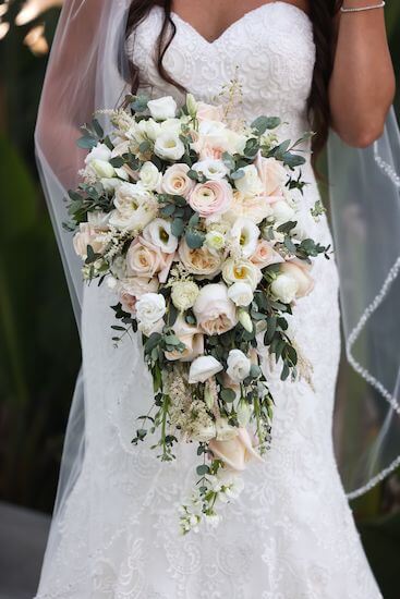 lush blush and white cascading bridal bouquet