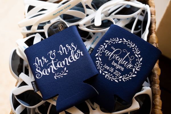 custom drink doozies with couples names and wedding date