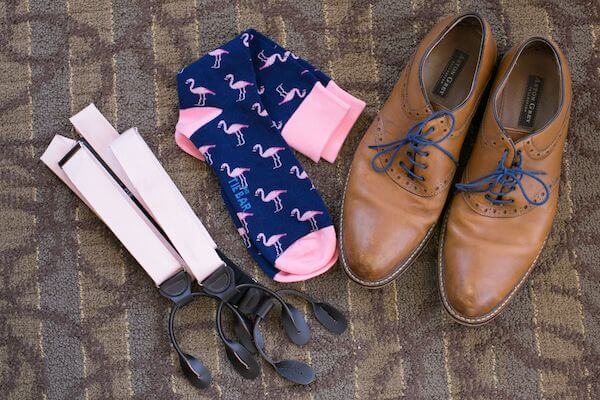 grooms pink flamingo sock with shoes and pink suspenders