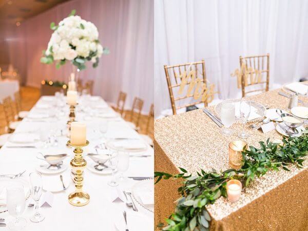 long tables with white linen next to a sweetheart table with shimmering gold linen