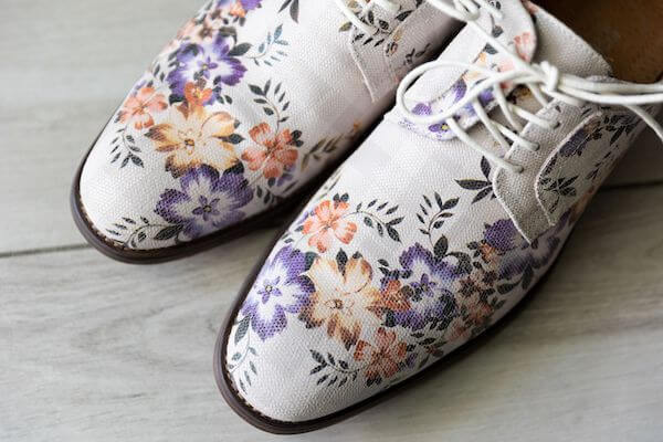 amazing embroidered peach and blue wedding shoes