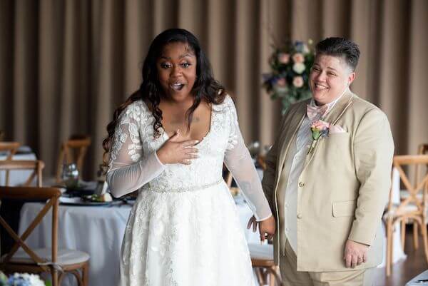 excited couple seeing their st. Pete Beach wedding reception for the first time