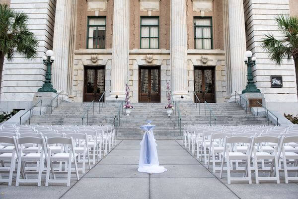 steps of the Le Meridien Hotel Tampa set for a halloween wedding ceremony