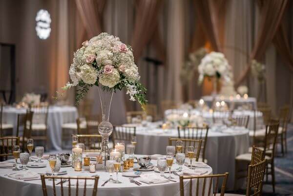 Elegant Tampa wedding reception in white, gold and pink