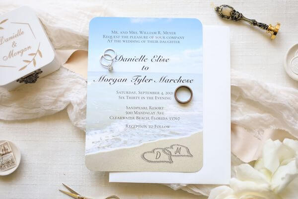 beach inspired wedding invitations with wedding rings