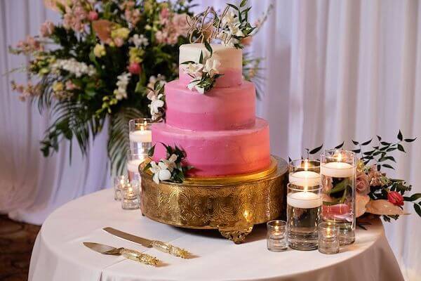 three tiered pink ombre wedding cake