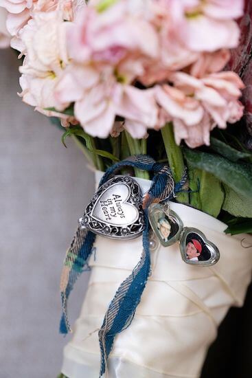 bridal bouquet with heart shaped pendant and photo locket