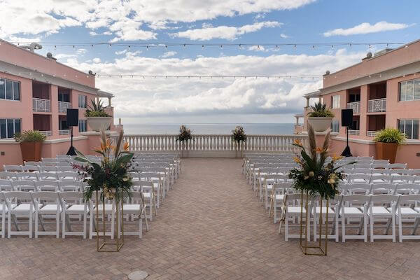 wedding ceremony with tropical flowers on the Sky Terrace of the Hyatt Regency Clearwater