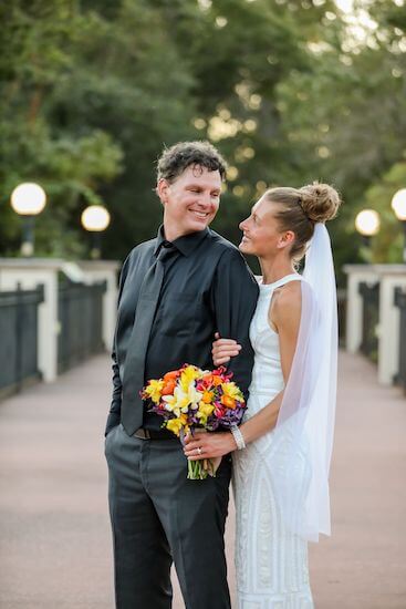 Bride and groomenjoying thier garden wedding 