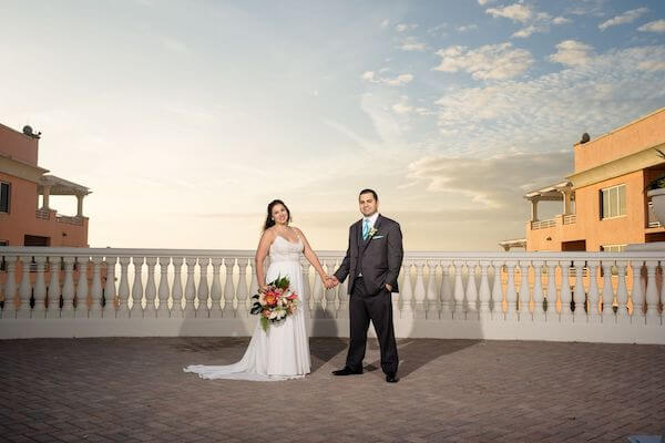 Sunset photo of a bride and groom at the Hyatt Clearwater Beach