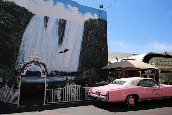 pink Cadillac outside of a Las Vegas wedding chapel 