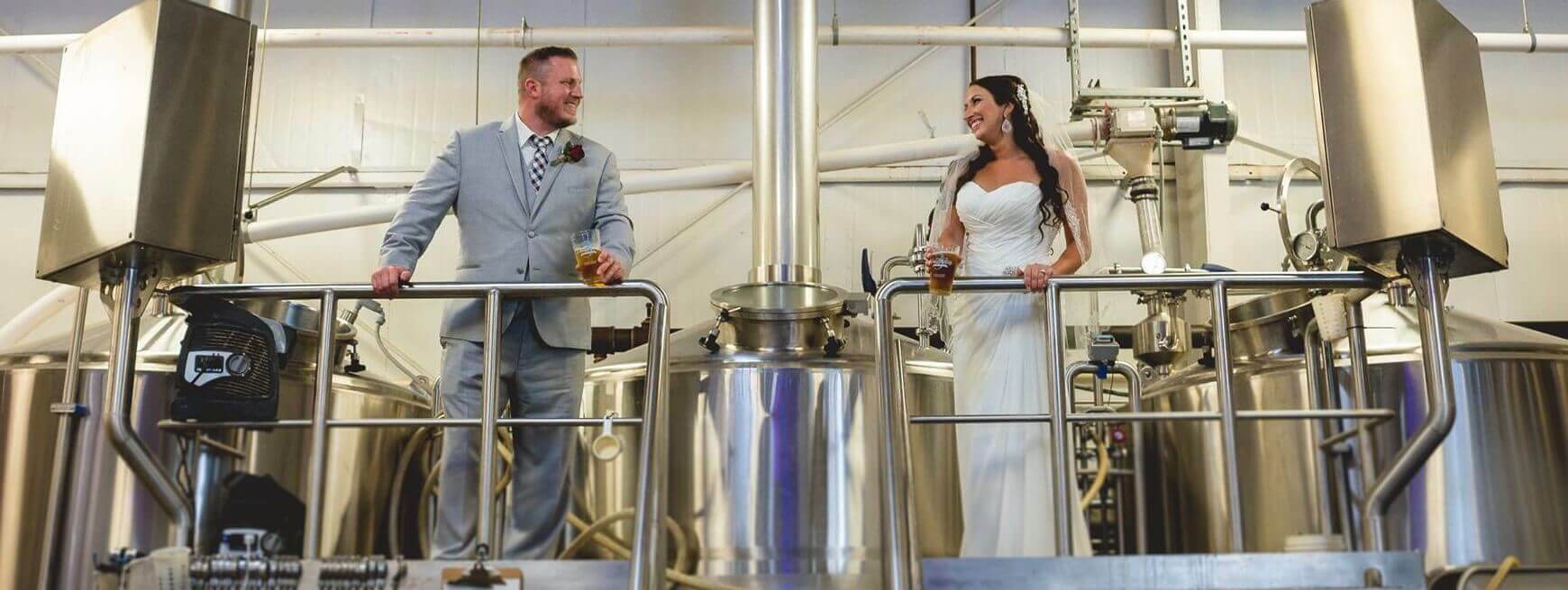 bride and groom in a brewery