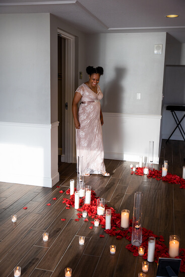 bride to be walking into her surprise wedding proposal at the Hyatt Regency Clearwater Beach