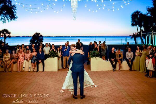 A couple having thier first dance at sunset in Sarasota