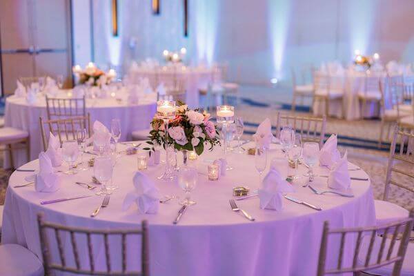 wedding reception with soft pastel flowers