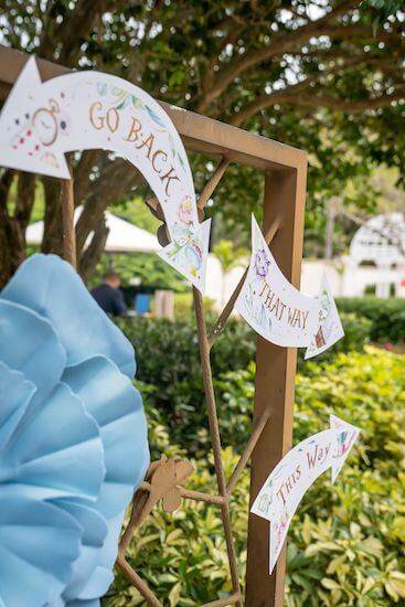 Wonderland themed signs directed guests to wedding ceremony