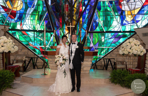 Bride and groom in the sanctuary of Grace Lutheran Church in St. Petersburg Florida