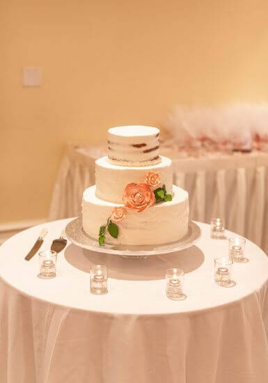 Three-tiered white wedding cake from Publix on Clearwater Beach