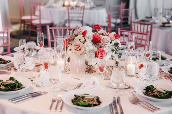 Rose gold and white wedding reception 